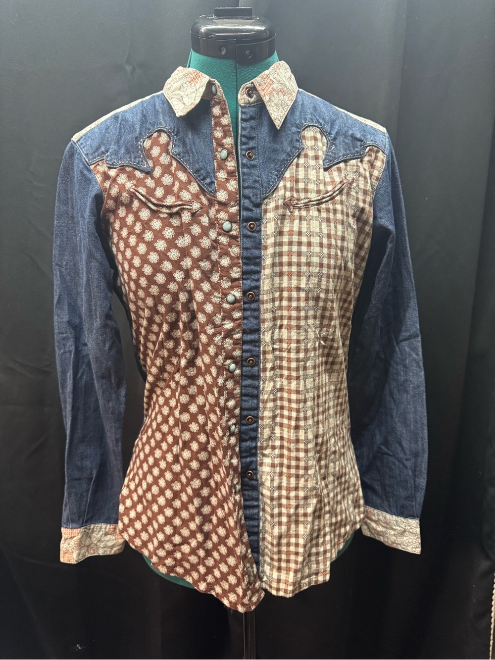 Patchwork Western Denim Shirt Jacket - Blue and Brown